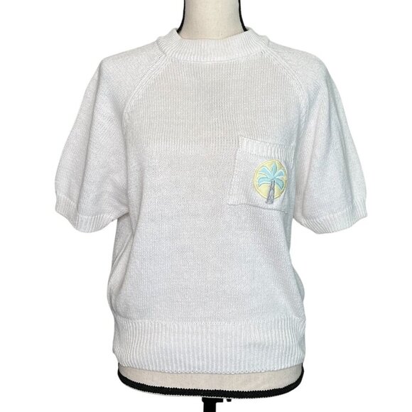 Vintage Jantzen Flamingo Palm Tree Sweater L – 80s Retro Pastel Summer Knit - Picture 2 of 10